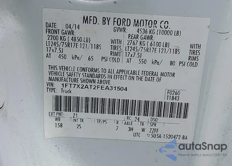 2015 Ford F250 Xl z USA, uszkodzony, nr VIN 1FT7X2AT2FEA31504